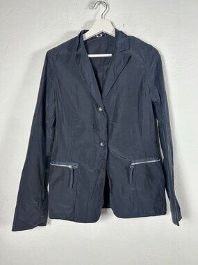 Philippe Adec Women Navy Two-Button Blazer Jacket Zip Pockets Size 6 Lightweight